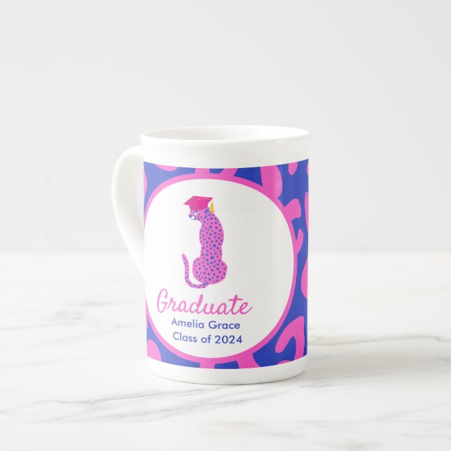 Pink & Blue Leopard Graduation Edition Bone China Mug (Front Left)