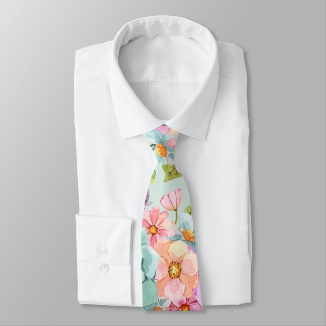 Pink Blue Light green floral wedding Neck Tie (Tied)