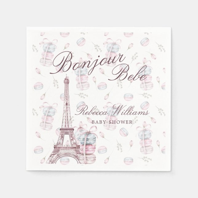 Pink Blue Macaron Bonjour Bebe Paris Baby shower Napkin (Front)