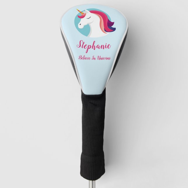 Pink & Blue Magical Unicorn – Personalised Golf Head Cover (Front)