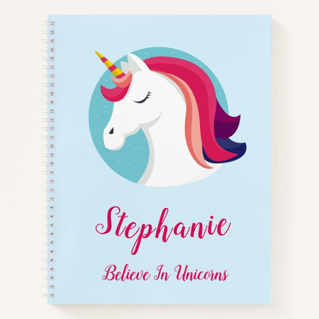 Pink & Blue Magical Unicorn – Personalised Notebook (Front)