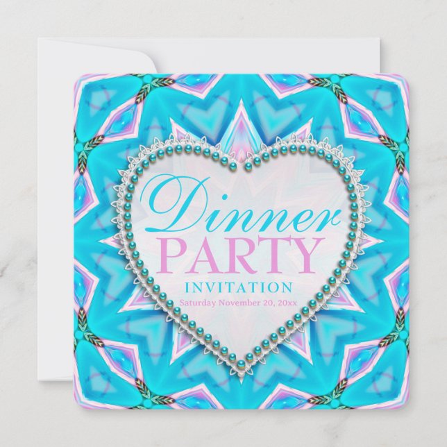 Pink Blue Mandala Bohemian Dinner Party Invitation (Front)