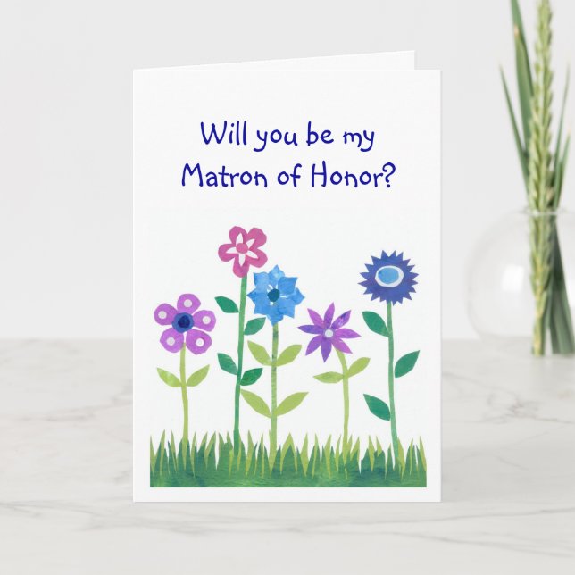 Pink, Blue, Mauve Flowers Matron of Honour Request Invitation (Front)