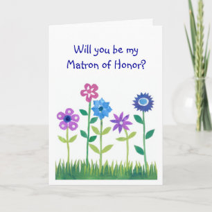 Pink, Blue, Mauve Flowers Matron of Honour Request Invitation