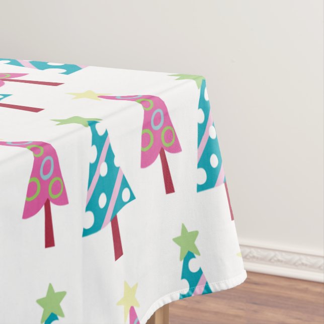 Pink & Blue Merry Christmas Trees White Tablecloth (In Situ)