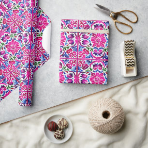 Pink blue Mexican Talavera tiles pattern Wrapping Paper