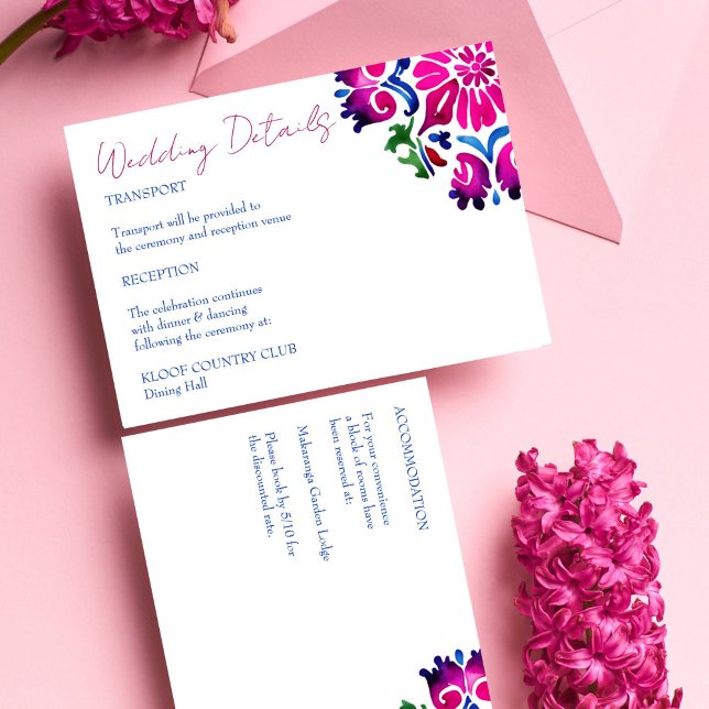 Pink blue Mexican Talavera tiles wedding details Enclosure Card (Pink blue Mexican Talavera tiles Spanish wedding details Enclosure Card)