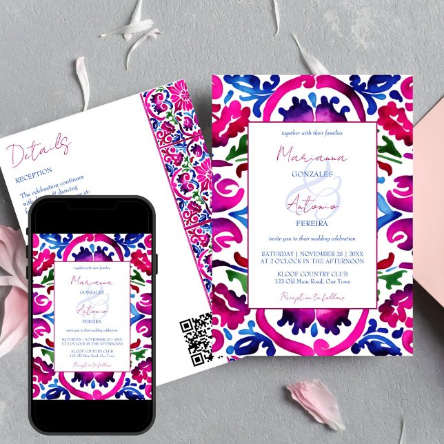 Pink blue Mexican Talavera tiles wedding template (Pink blue Mexican Talavera tiles editable wedding template invitation digital download all in one QR)