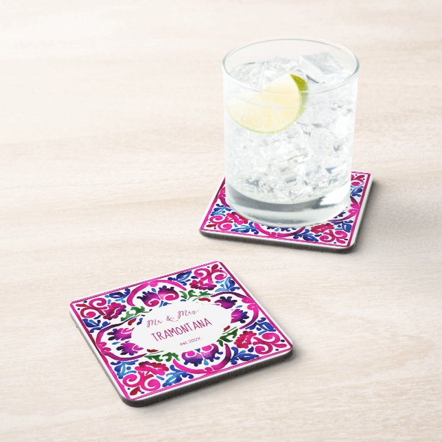 Pink blue Mexican tile bridal shower wedding favou Coaster (Right Side)