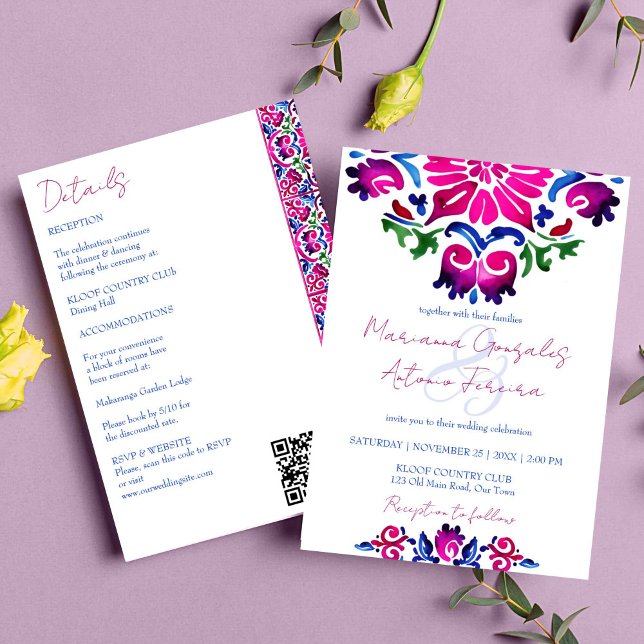 Pink blue Mexican tiles all in one wedding Invitation (Pink blue Mexican Talavera tiles wedding all in one editable template invitation watercolor tiles)