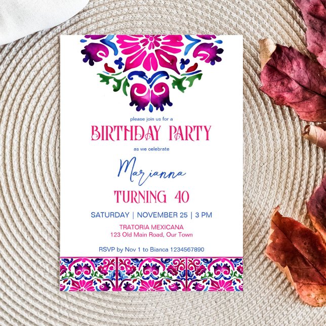 Pink blue Mexican tiles birthday party template (Pink blue Mexican Talavera tiles birthday party editable template invitation digital download)
