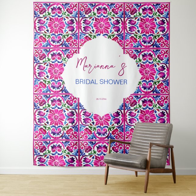 Pink blue Mexican tiles bridal shower backdrop Tapestry (In Situ)