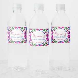 Pink blue Mexican tiles bridal shower personalised Water Bottle Label