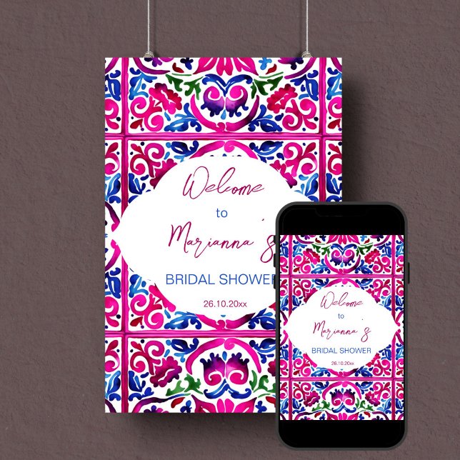 Pink blue Mexican tiles bridal shower welcome sign (Mexican pink blue Talavera tiles fiesta Mexicana bridal shower welcome sign editable template poster)