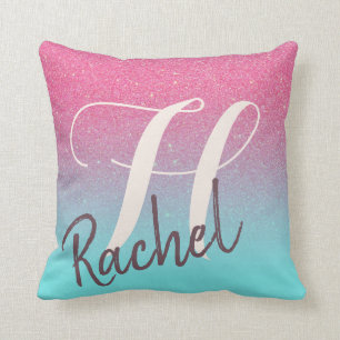 Pink Blue Monogram Name Dream Glitter Reversible Cushion