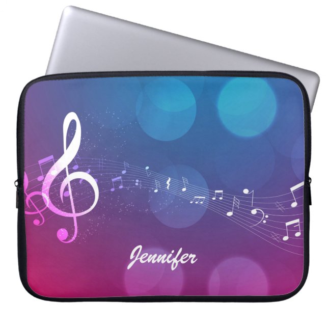 Pink-Blue Music Notes and Custom Monogram Laptop Sleeve (Front)