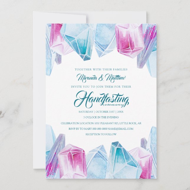 Pink & Blue Mystic Crystal Gems Handfasting Invitation (Front)