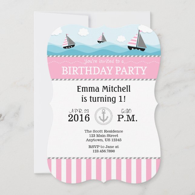 Pink Blue Nautical Birthday Invitation (Front)