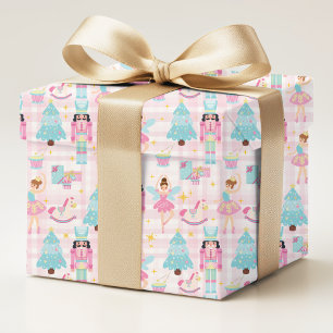 Pink Blue Nutcracker Ballerina Christmas Pattern Wrapping Paper