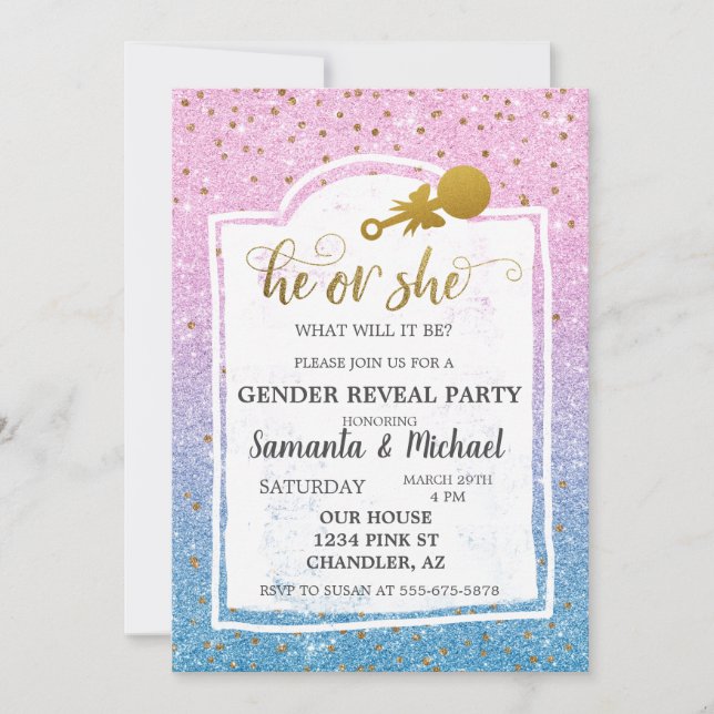 Pink Blue Ombre Glitter Gold Gender Reveal Party Invitation (Front)