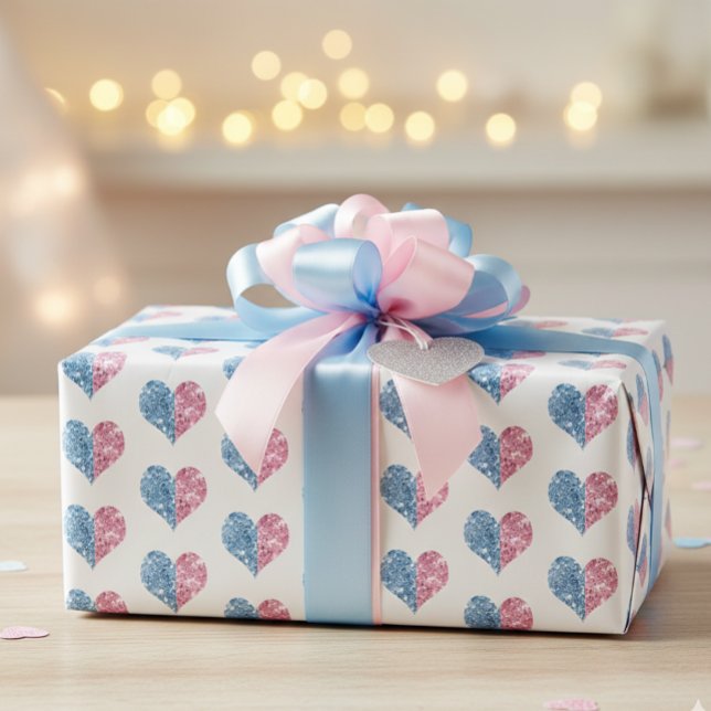 Pink Blue Ombre Glitter Hearts Baby Gender Reveal Wrapping Paper (Creator Uploaded)