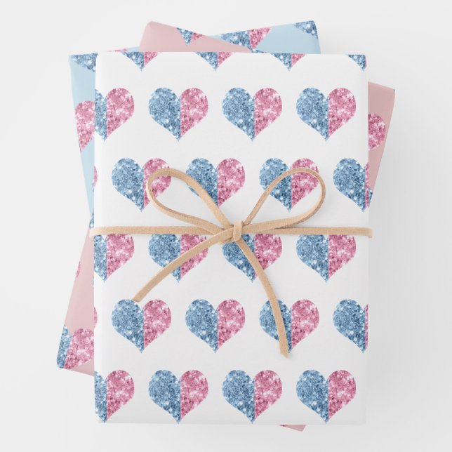 Pink Blue Ombre Glitter Hearts Baby Gender Reveal Wrapping Paper Sheet (In situ)