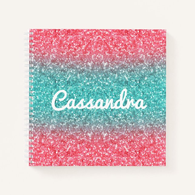 Pink Blue Ombre Glitter Monogram Sketchbook Notebook (Front)