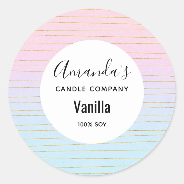 Pink Blue Ombre with Gold Lines Candle Business Classic Round Sticker (Front)