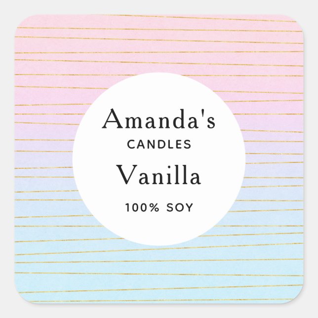 Pink Blue Ombre with Gold Lines Candle Business Square Sticker (Front)