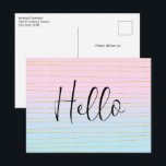 Pink Blue Ombre with Thin Gold Lines Postcard<br><div class="desc">A postcard with a cool abstract pattern. Pastel gradient in pink and blue colours with thin gold stripes. The gold stripes/lines are faux gold glitter.</div>