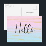 Pink Blue Ombre with Thin Gold Lines Postcard<br><div class="desc">A postcard with a cool abstract pattern. Pastel gradient in pink and blue colours with thin gold stripes. The gold stripes/lines are faux gold glitter.</div>