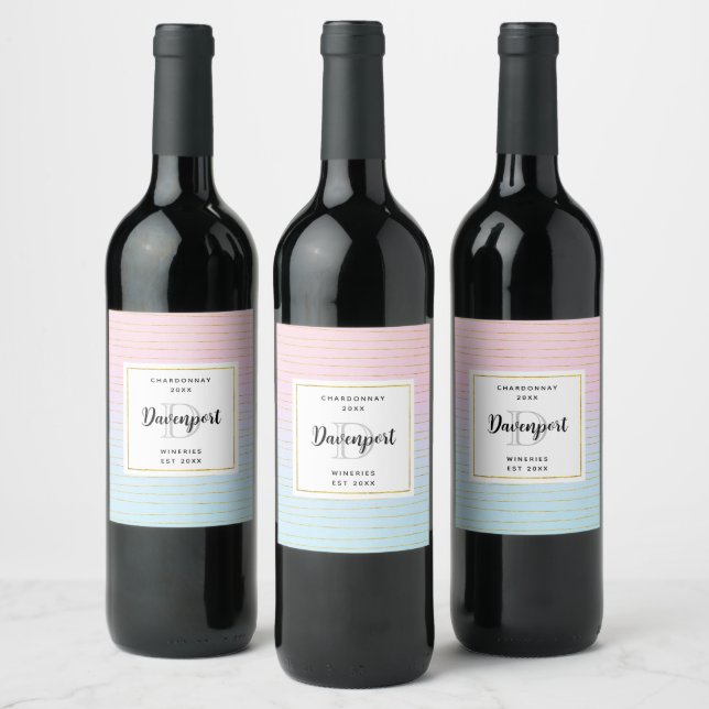 Pink Blue Ombre with Thin Gold Lines Wine Making Wine Label (Bottles)