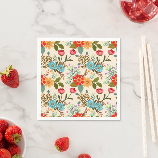 Pink Blue Orange Floral Leaves Pattern Party Napkin (Insitu)