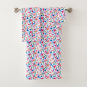 Pink Blue Orange Green Watercolor Floral Flowers Bath Towel Set