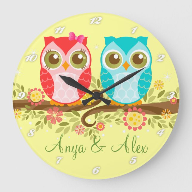 Pink & Blue Owls - Custom Wall Clock (Front)