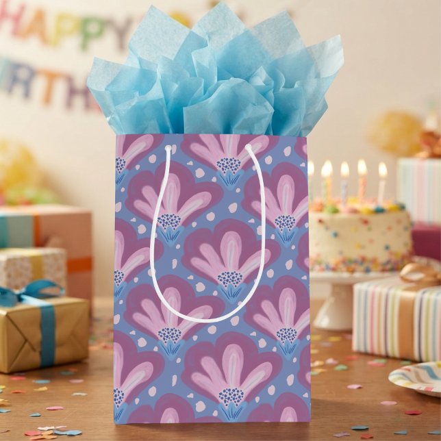 Pink & Blue Painted Flowers With Dots Medium Gift Bag (Perfect for anyone. Cute painted flowers bring a little playfulness to your gift.)