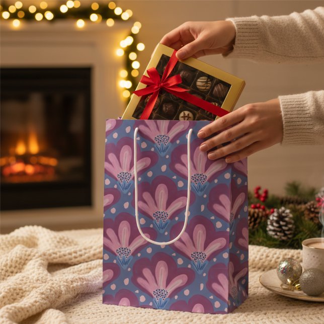 Pink & Blue Painted Flowers With Dots Medium Gift Bag (Perfect for anyone. Cute painted flowers bring a little playfulness to your gift.)