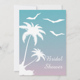 Pink blue palm trees beach wedding bridal shower invitation