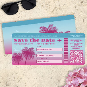 Pink Blue Palms Faux Boarding Pass Save The Date Invitation