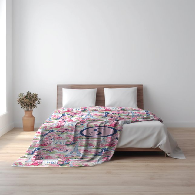 Pink & Blue Paris Patterned Monogram Fleece Blanket (Creator Uploaded)