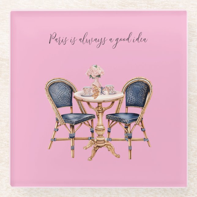 Pink Blue Paris Table Baguettes Glass Coaster (Front)