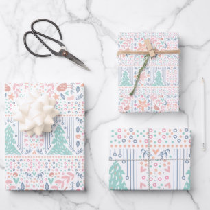Pink Blue Pastel Christmas Tree Retro Wrapping Paper Sheet