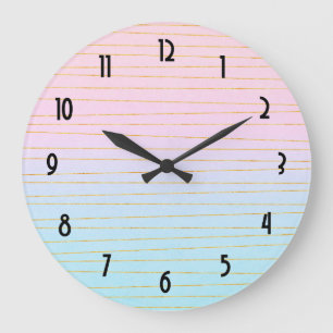 Pink Blue Pastel Gradient with Gold Lines Large Clock