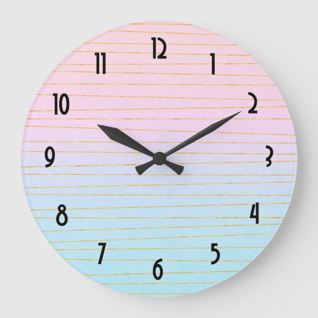 Pink Blue Pastel Gradient with Gold Lines Large Clock (Front)