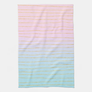 Pink Blue Pastel Gradient with Gold Lines Tea Towel