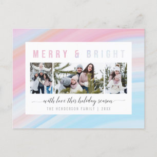Pink & Blue Pastel Merry & Bright Holiday Photo Postcard