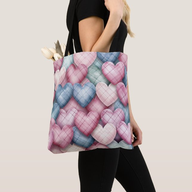 PINK & BLUE PASTEL PLAID VALENTINE HEARTS TOTE BAG (Close Up)