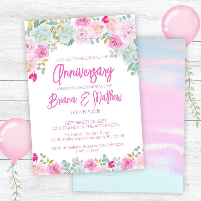 Pink Blue Peach Floral Wedding Anniversary  Invitation (Creator Uploaded)