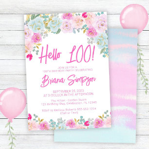 Pink Blue Peach Purple Floral 100th Birthday Party Invitation
