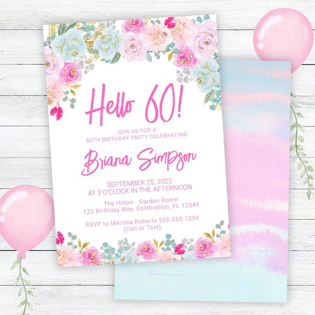 Pink Blue Peach Purple Floral 60th Birthday Party Invitation (Creator Uploaded)